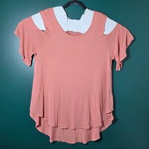 Miracle Berry Peach Pink Cold Shoulder Ruffle Sleeve High Low Top Womens L